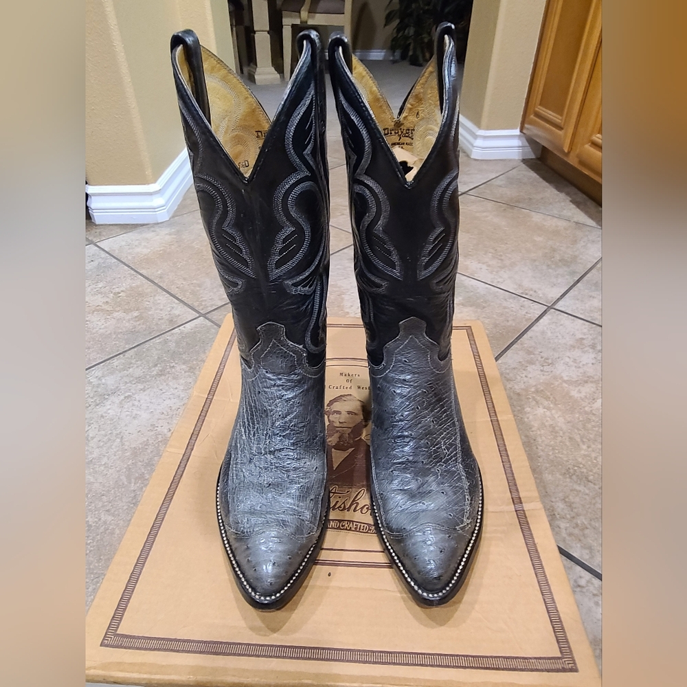 J Chisholm Black and Gray Western Ostrich Cowboy Boots